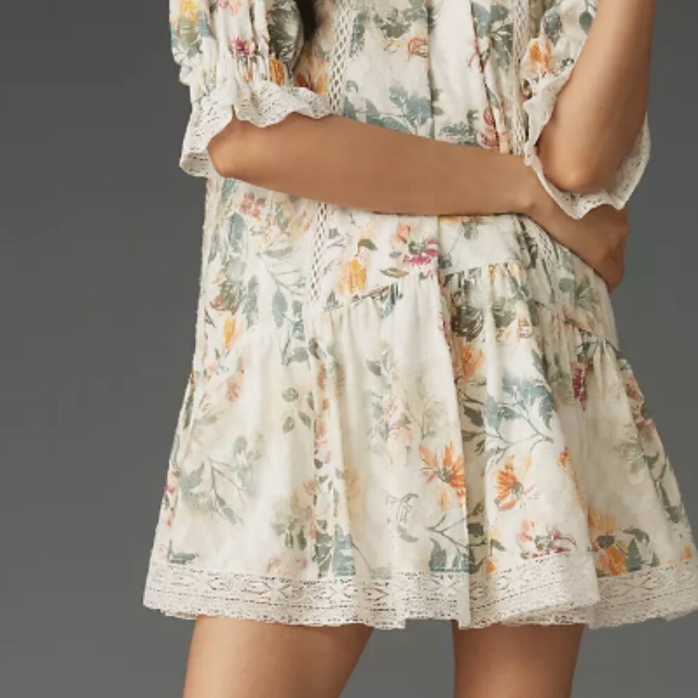 Pilcro Anthropologie Short-Sleeve Mock-Neck Ruffle Mini Floral Dress Small - Picture 13 of 13